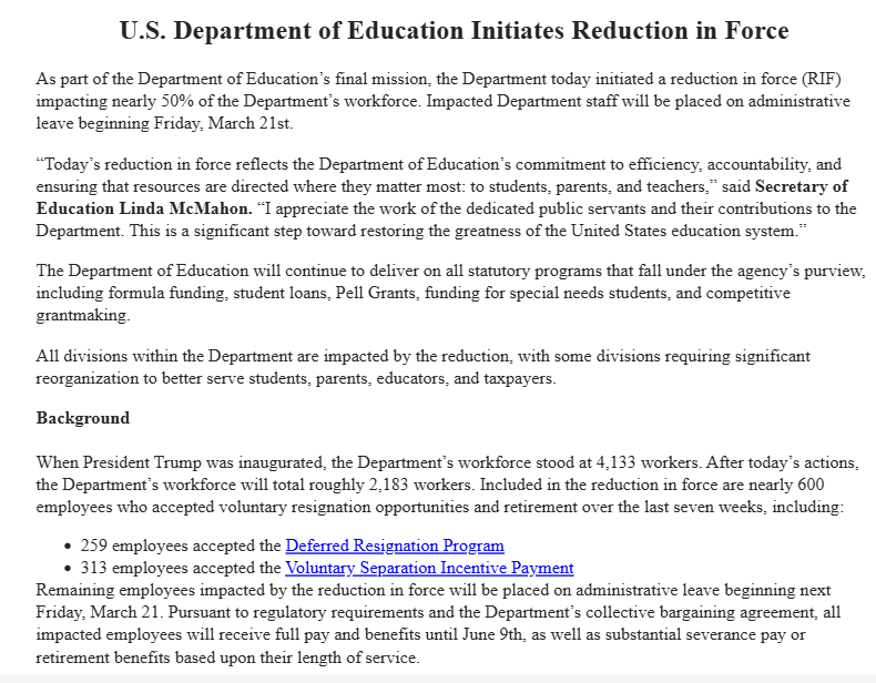 saraecook's tweet photo. BREAKING: The Dept of Education announces a nearly 50% Reduction in Force. Per their statement, 1,350 employees are being placed on leave beginning Friday. This comes just after staff were told to vacate Dept of Edu by 6pm today; all DC &amp; regional offices will be closed tomorrow https://t.co/O41gebXPu6