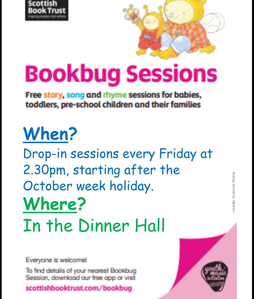 Bookbug is on every Friday in the dinner hall at 2.30pm, with stories, rhymes and songs for babies, toddlers and pre-schoolers. It finishes just in time for the children coming out of school. Perfect! Everyone welcome! <a href="/scottishbktrust/">Scottish Book Trust</a> <a href="/FLTGlasgow/">Glasgow Family Learning Team</a>