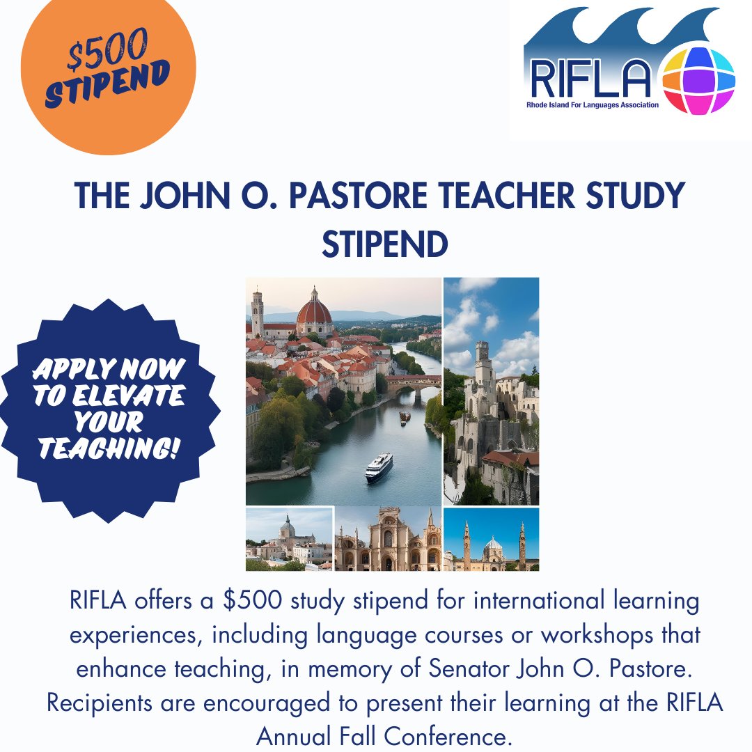🌍 RIFLA STUDY STIPEND – $500 AWARD! 

Are you a RIFLA member planning to study abroad?

RIFLA offers a $500 study stipend to support your learning experience! 
including:

✅ Language courses
✅ Workshops that enhance teaching

For more details visit, rifla.org/awards