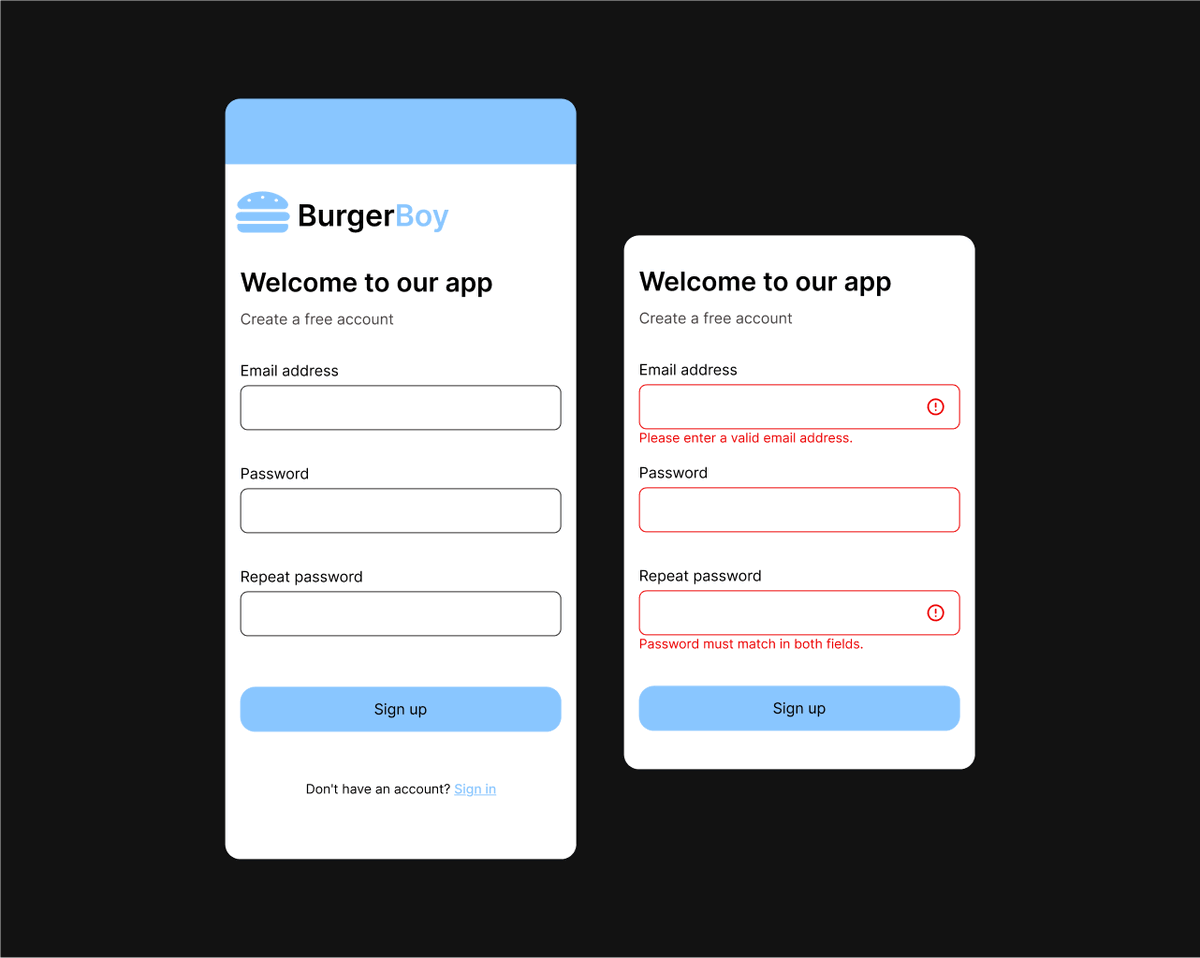 purpdesigns07's tweet photo. Day 001/100
Prompt: Sign Up (Mobile)
I created a simple sign up page for "Burger Boy" a made up company. With another screen on the side for the error screen.
It's a simple yet functional screen that entails necessary design principles and guides.
#DailyUI #UIUX #Day001 #Day01 https://t.co/6LJcbqLR9o