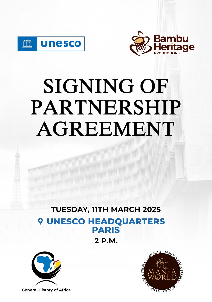 The Mansa World (@themansaworld) on Twitter photo Bambu Heritage Productions, producers of The Mansa World, is pleased to announce our partnership signing with <a href="/UNESCO/">UNESCO 🏛️ #Education #Sciences #Culture 🇺🇳</a>.
This will allow us to work more closely towards promoting African history and heritage globally, by leveraging UNESCO’s General History of Africa.
More Soon. Bambu Heritage Productions, producers of The Mansa World, is pleased to announce our partnership signing with <a href="/UNESCO/">UNESCO 🏛️ #Education #Sciences #Culture 🇺🇳</a>.
This will allow us to work more closely towards promoting African history and heritage globally, by leveraging UNESCO’s General History of Africa.
More Soon.
