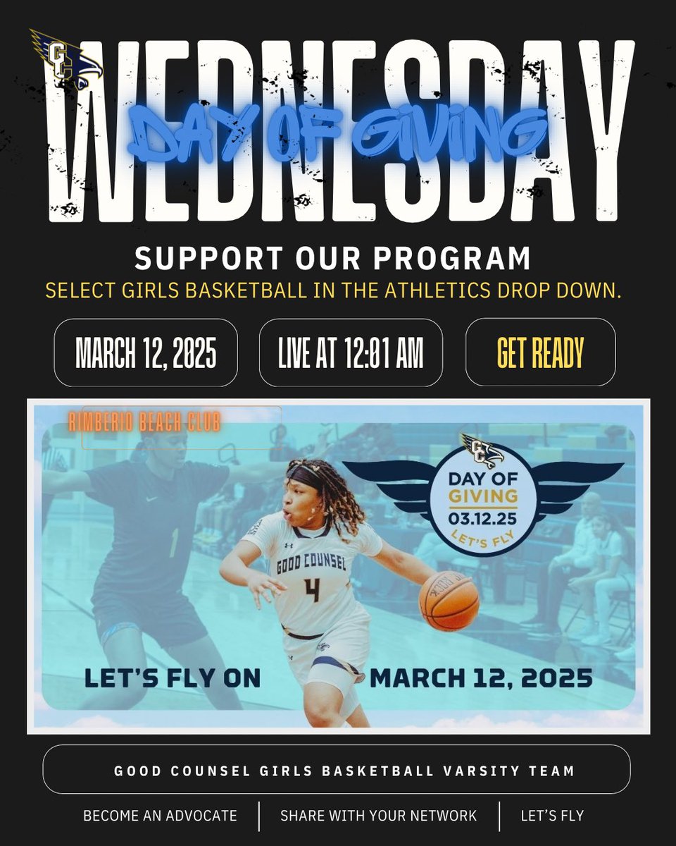 🌟Attention Supporters! 🌟

12:01am starts GC’s annual Day of Giving. Please support our program by selecting Girl’s Basketball under the Athletics dropdown menu on the giving form.
Link: olgchs.org/dayofgiving

Thank you for your support!

#LetsFly 🦅
