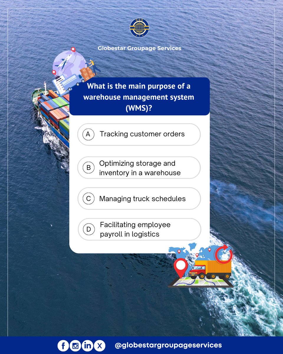 globestartweets's tweet image. 🚛📦 Wednesday Quiz Time! 🧠✨  

Question:
What is the primary function of a Warehouse Management System (WMS)?  

Drop your answers in the comments below! Let&apos;s see who gets it right! ⬇️💡  

#GGS #WednesdayQuiz #LogisticsTrivia #SupplyChainSolutions #WarehouseManagement 🚢