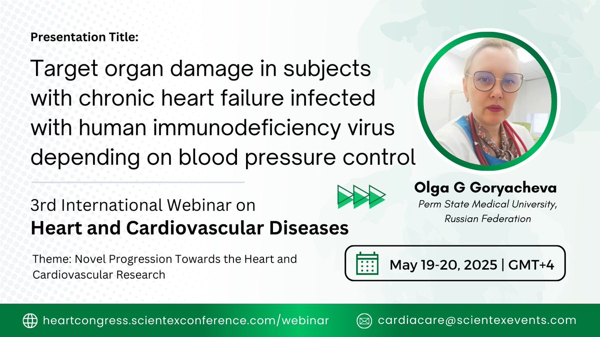 Kristina Pierce (@heartcongress25) on Twitter photo We are happy to announce that Dr. Olga Goryacheva will be presenting her research title at the upcoming 3rd International Webinar on Heart and Cardiovascular Diseases, scheduled on May 19-20, 2025 | GMT+4.
Visit: heartcongress.scientexconference.com/speakers/Olga-…
#cardiologyconference #scientexconference We are happy to announce that Dr. Olga Goryacheva will be presenting her research title at the upcoming 3rd International Webinar on Heart and Cardiovascular Diseases, scheduled on May 19-20, 2025 | GMT+4.
Visit: heartcongress.scientexconference.com/speakers/Olga-…
#cardiologyconference #scientexconference
