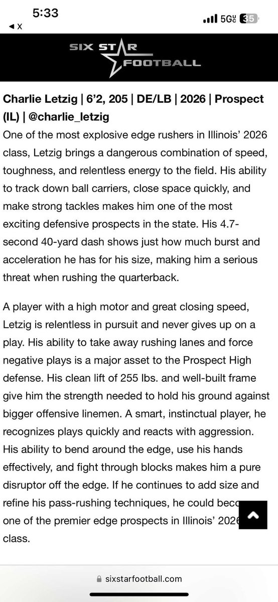 Charlie Letzig (@charlie_letzig) on Twitter photo Thank you for the write up and recognition <a href="/sixstarfootball/">Six Star Football | PLUS+</a> I greatly appreciate it. Looking forward to finishing recovery from shoulder surgery soon! <a href="/PHSKnightsFBall/">Prospect Football</a> <a href="/PHS_DeBoeuf/">Dan DeBoeuf</a> <a href="/TimBeishir/">Tim Beishir</a> <a href="/PrepRedzoneIL/">Prep Redzone Illinois</a> <a href="/CoachJenisch/">Brad Jenisch</a> <a href="/underdogrush/">Underdog Training</a> <a href="/DeepDishFB/">DEEP DISH FOOTBALL</a> <a href="/EDGYTIM/">Timothy “EDGYTIM” OHalloran</a> Thank you for the write up and recognition <a href="/sixstarfootball/">Six Star Football | PLUS+</a> I greatly appreciate it. Looking forward to finishing recovery from shoulder surgery soon! <a href="/PHSKnightsFBall/">Prospect Football</a> <a href="/PHS_DeBoeuf/">Dan DeBoeuf</a> <a href="/TimBeishir/">Tim Beishir</a> <a href="/PrepRedzoneIL/">Prep Redzone Illinois</a> <a href="/CoachJenisch/">Brad Jenisch</a> <a href="/underdogrush/">Underdog Training</a> <a href="/DeepDishFB/">DEEP DISH FOOTBALL</a> <a href="/EDGYTIM/">Timothy “EDGYTIM” OHalloran</a>