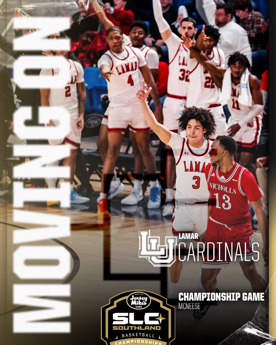 Battle of the Border for the SLC Championship! 

No. 1 <a href="/McNeeseMBB/">McNeese Men’s Basketball</a> Vs. No. 2 <a href="/LamarMBB/">Lamar Men's Basketball</a> 
🗓️ 3.12.25
⏰ 4:00 PM CST
📺 ESPN2

#GTL