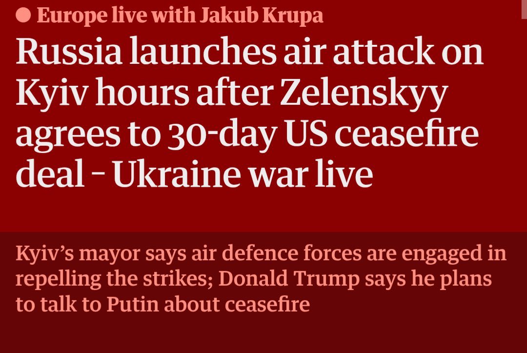 “just make peace”

What Zelensky said in the Oval Office reigns true.

Putin will not honor anyone’s deals or ceasefires without Ukraine having ironclad security guarantees.

At this point you are a fool if you believe otherwise.

Any appeasement just gives him time to refuel.