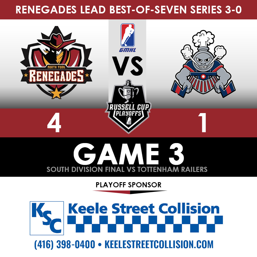 YOUR Renegades move to within one win of the <a href="/TheGMHL/">GMHL</a> Russell Cup finals with a 4-1 win over the Tottenham Railers!

North York has a chance to close the series out on Wednesday night at home at York Canlan.

#runtotherussell #unitedinred #hockey #juniorhockey