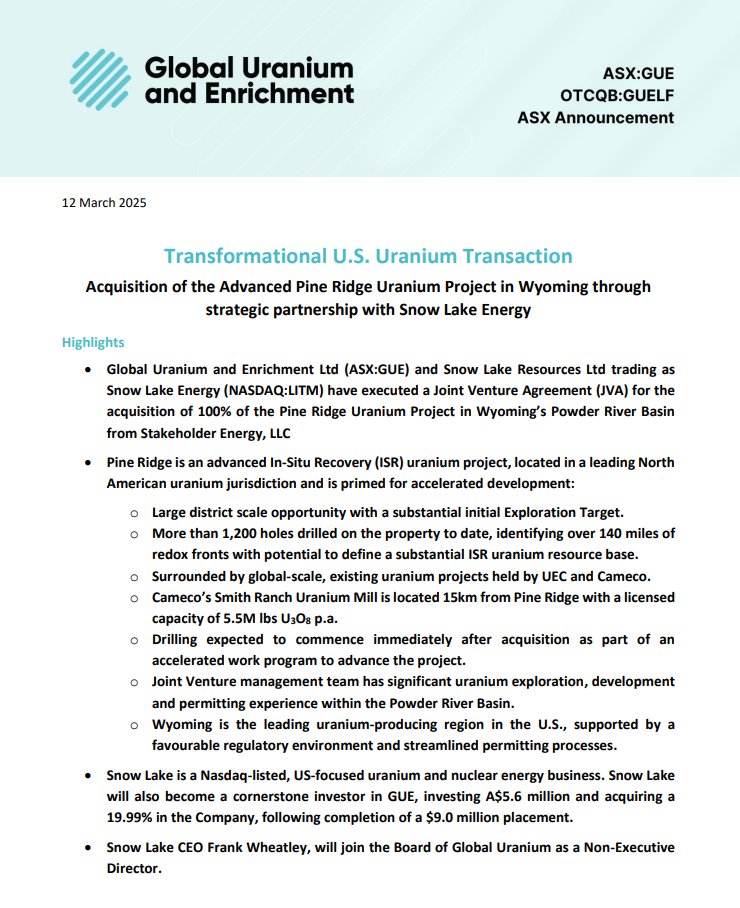 $GUE has entered into a JVA with Snow Lake for the acquisition of the Pine Ridge Uranium Project located in Wyoming’s Powder River Basin.

Pine Ridge is an advanced ISR #uranium project,  primed for accelerated development.

bit.ly/3R1MHyV
bit.ly/3Dwxjrm