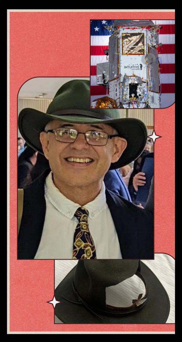 Bonito homenaje a mi profe César Ocampo. Un pedacito de su icónico sombrero ahora estará por siempre en la Luna, esto gracias a <a href="/Int_Machines/">Intuitive Machines</a>  y su ingeniero Ravishankar Mathur. Aterrizó allí hace unos días en el lander IM-2 Athena d🚀❤️ . El profe se merece millones de homenajes