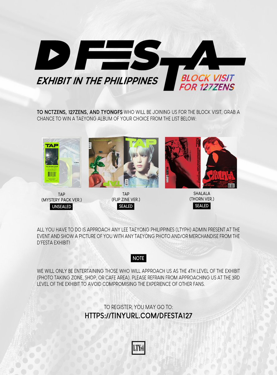 [STAFF POST – #DFESTAwith127zens] To those joining us at the block visit, grab a chance to win a #TAEYONG album when you approach any Lee Taeyong Philippines admin present at the event! More details in the photo. 👀

🌹 Register here:
tinyurl.com/DFESTA127

See you soon! ❤️