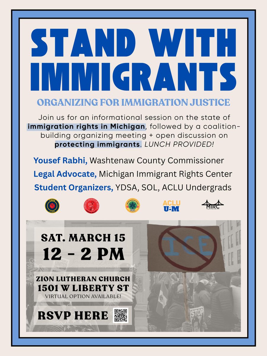 Join us this Saturday, March 15th, at noon at the Zion Lutheran Church (1501 W Liberty St) to hear about the status of local protections for immigrants, what local groups are doing, and how we can collectively stand with immigrants and fight back! 

RSVP: bit.ly/WashtenawStand…