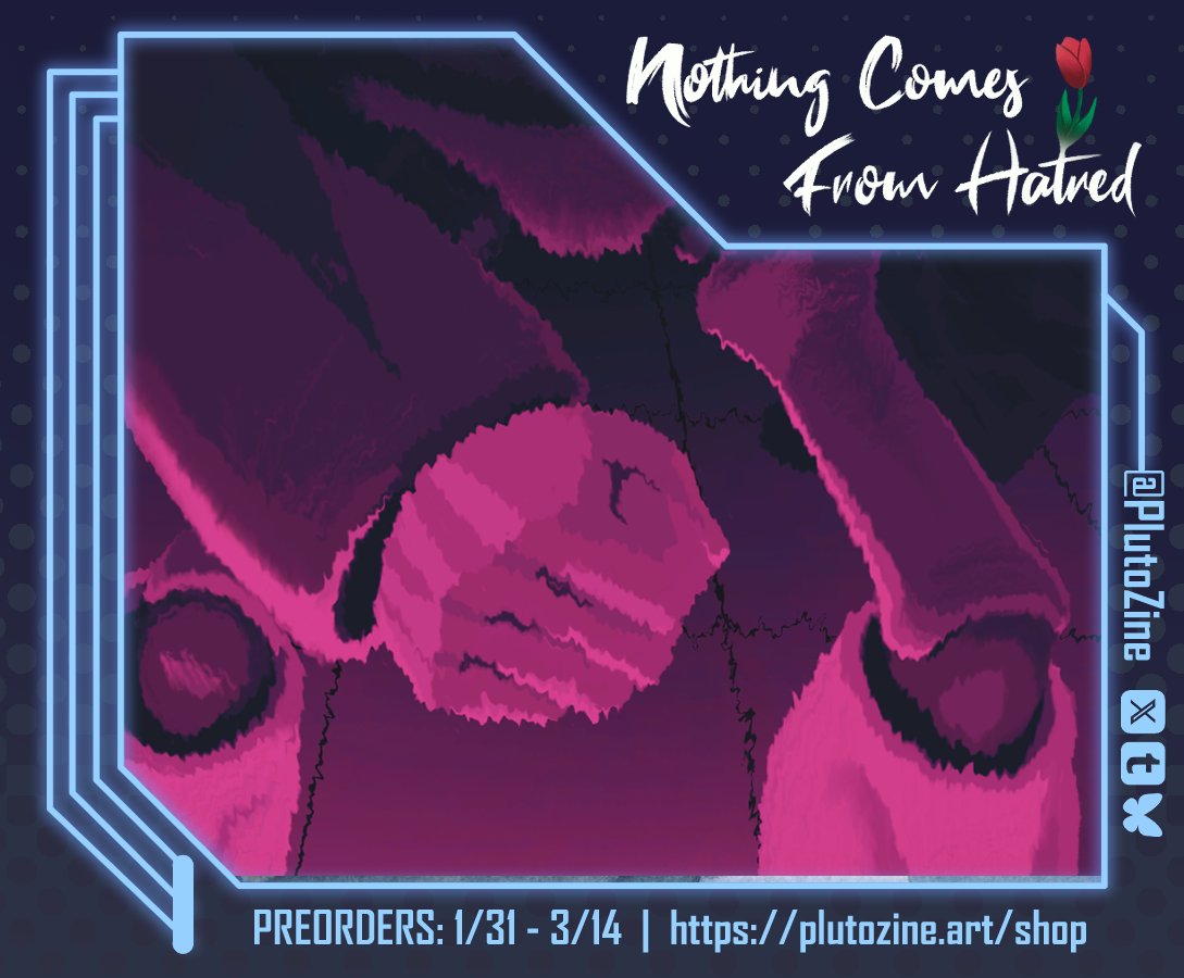 PlutoZine's tweet image. A robotic chassis bathed in a harsh magenta glow... today's page art preview is from @potlood77 ! 🌷
Preorders (3 DAYS LEFT!!):
🌷 plutozine.art/shop
(All proceeds go to the Palestine Children's Relief Fund!)