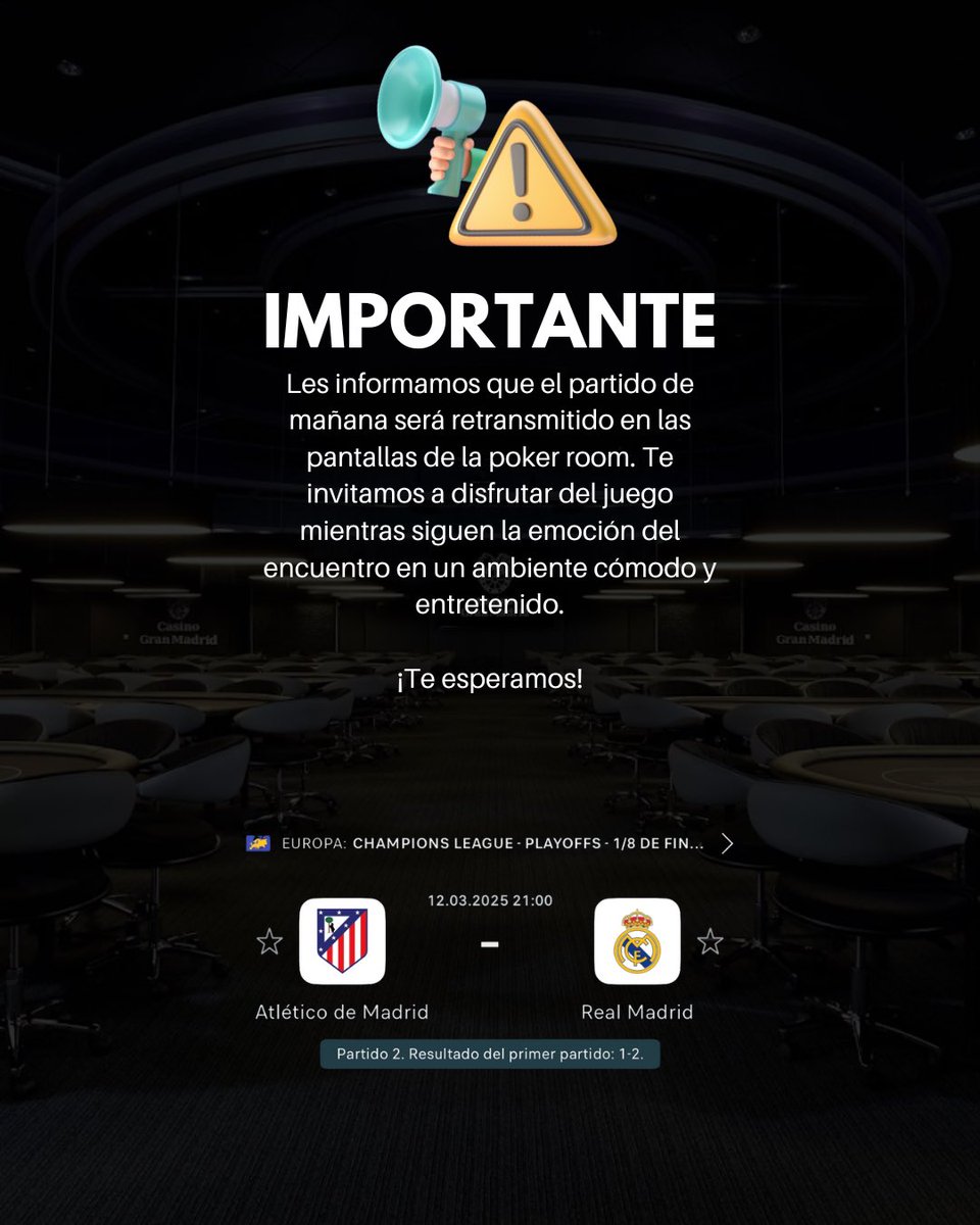 SPF Poker ®️ (@spfpoker) on Twitter photo Les informamos que el partido de mañana será retransmitido en las pantallas de la poker room. Te invitamos a disfrutar del juego mientras siguen la emoción del encuentro en un ambiente cómodo y entretenido.
¡Te esperamos!
<a href="/granmadridpoker/">Gran Madrid Poker</a> <a href="/granmadrid_com/">Gran Madrid | Casino</a> Les informamos que el partido de mañana será retransmitido en las pantallas de la poker room. Te invitamos a disfrutar del juego mientras siguen la emoción del encuentro en un ambiente cómodo y entretenido.
¡Te esperamos!
<a href="/granmadridpoker/">Gran Madrid Poker</a> <a href="/granmadrid_com/">Gran Madrid | Casino</a>