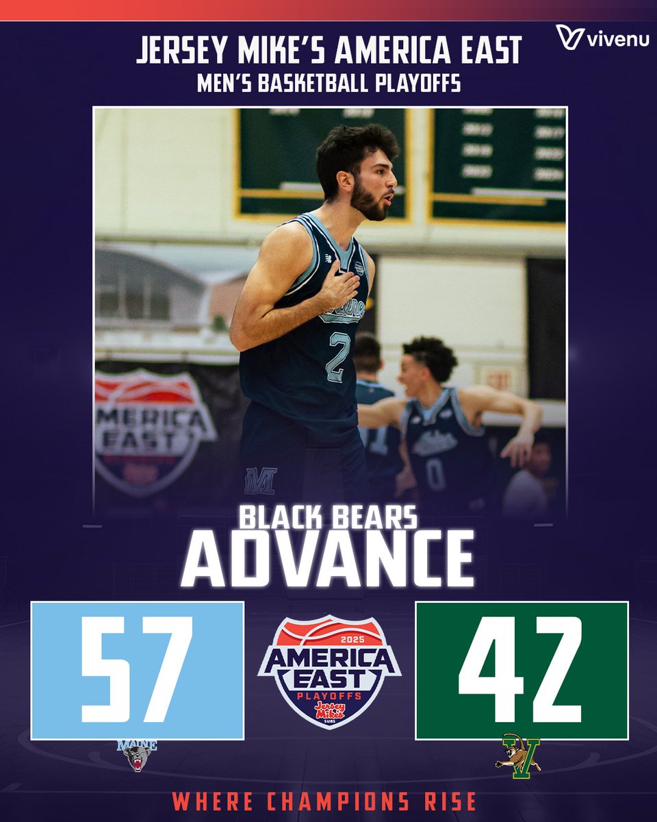 America East (@americaeast) on Twitter photo For the 1st time since 2004, <a href="/MaineMBB/">Maine Men’s Basketball</a> is headed to the <a href="/jerseymikes/">Jersey Mike's Subs</a> America East Championship!!
Black Bears lock up the three-time defending Catamounts to the tune of 26% shooting! For the 1st time since 2004, <a href="/MaineMBB/">Maine Men’s Basketball</a> is headed to the <a href="/jerseymikes/">Jersey Mike's Subs</a> America East Championship!!
Black Bears lock up the three-time defending Catamounts to the tune of 26% shooting!