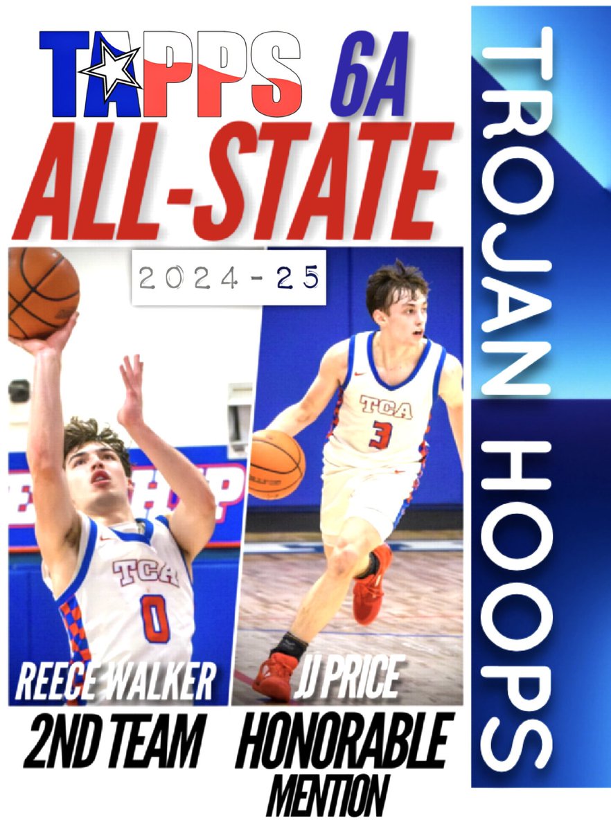 TCA.TrojanHoops (@tcatrojanhoops) on Twitter photo Congratulations to
<a href="/reececwalker/">Reece Walker</a> - 2nd Team
<a href="/JJPrice_3/">JJPrice</a> - Honorable Mention
for being selected to the 6A
All-State Team🏆🏀 <a href="/TCA_Addison/">TCA Addison Sports</a> Congratulations to
<a href="/reececwalker/">Reece Walker</a> - 2nd Team
<a href="/JJPrice_3/">JJPrice</a> - Honorable Mention
for being selected to the 6A
All-State Team🏆🏀 <a href="/TCA_Addison/">TCA Addison Sports</a>