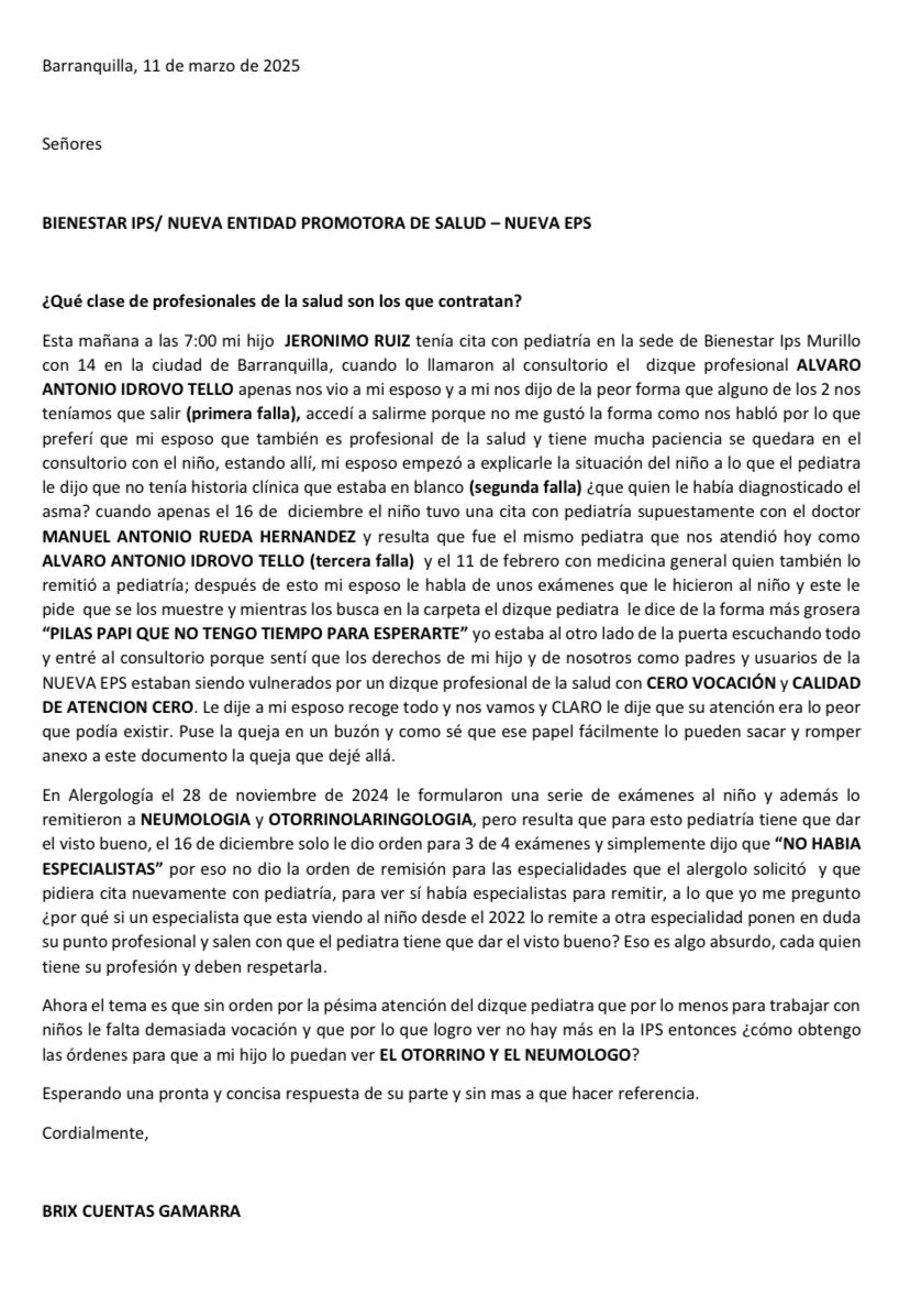brixstephaniecg's tweet photo. @bienestar_ips @NuevaEPS_ Que clase de profesionales contratan ustedes? denuncio la pésima atención del dizque pediatra ALVARO ANTONIO IDROVO TELLO, CERO VOCACIÓN Y CERO ATENCIÓN HUMANIZADA!
@Supersalud porque los usuarios dependemos de con que pie se levantan los "doctores"? https://t.co/Ee9TpJfzHE
