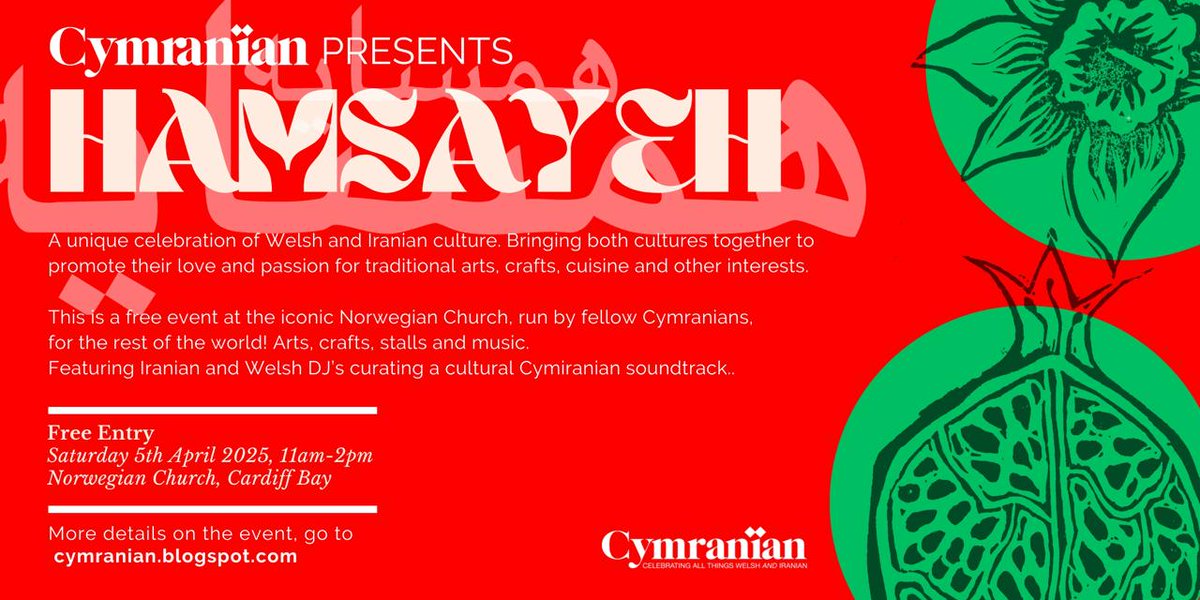 I'm very pleased to announce the first #Cymranian event of 2025 - we're showcasing the best of Welsh and Iranian enterprises and traditions at the iconic <a href="/NorwegianChurch/">Norwegian Church Arts Centre / Eglwys Norwyaidd</a> in Cardiff Bay, on Saturday 5 April, 11am-2pm. I hope you're able to join us!