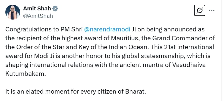 UpendrraRai's tweet photo. Union Home Minister @AmitShah posts, "Congratulations to PM @narendramodi on being announced as the recipient of the highest award of #Mauritius, the #GrandCommander of the Order of the Star and Key of the #IndianOcean. This 21st international award for @narendramodi Ji is another honour for his #GlobalStatesmanship, which is shaping international relations with the ancient mantra of #VasudhaivaKutumbakam. It is an elated moment for every citizen of #Bharat." @PMOIndia @HMOIndia @MEAIndia @DrSJaishankar
