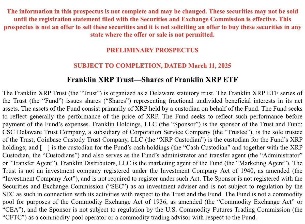 The ETF Store总裁：富兰克林邓普顿提交XRP现货ETF申请据The ETF Store总裁Nate  Geraci披露，全球管理规模超1.5万亿美元的资产管理公司富兰克林邓普顿（Franklin Templeton）正式进入XRP ETF竞争行列。  根据3月11日提交的初步招股说明书，Franklin XRP Trust将发行 ...