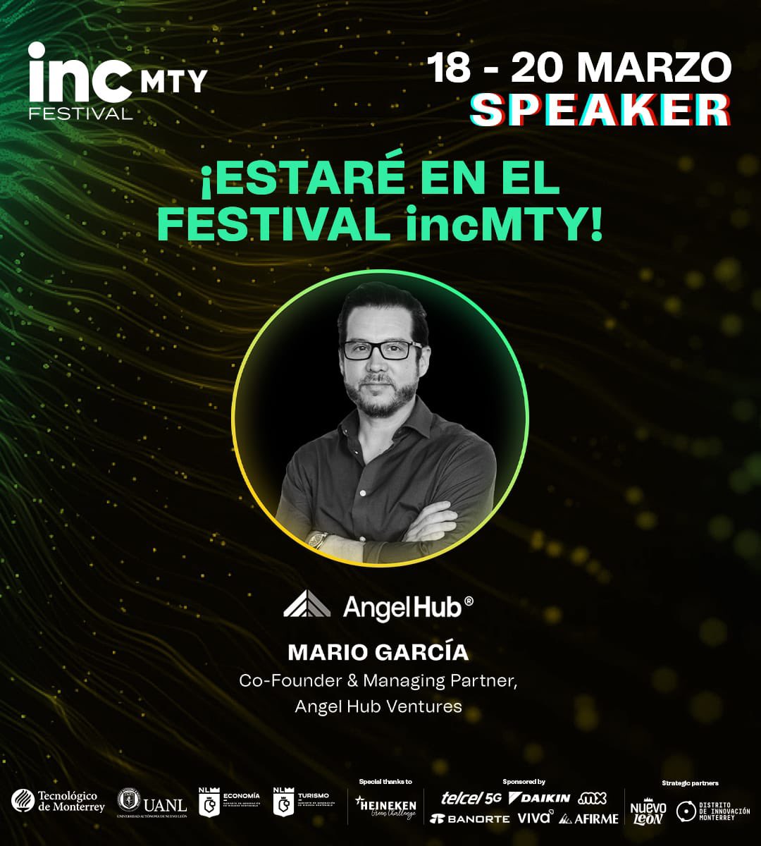 AngelHub y yo vamos a participar en 4 actividades (conferencias, panales y workshop) sobre temas diversos de inversión ángel (#VentureCapital) en #startups tech. Checa la agenda del festival (incmty.com/festival) y registrate a nuestras actividades. Allí te veo 😉
