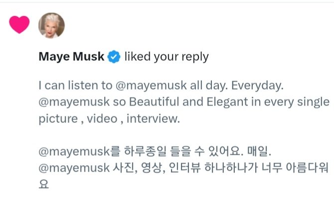 I just got a like  from the Incredibly Gorgeous Supermodel <a href="/mayemusk/">Maye Musk</a> 

So honored and screaming happy! I'm not allowed to dm her but I want to tell you Thank You for any likes you give me.