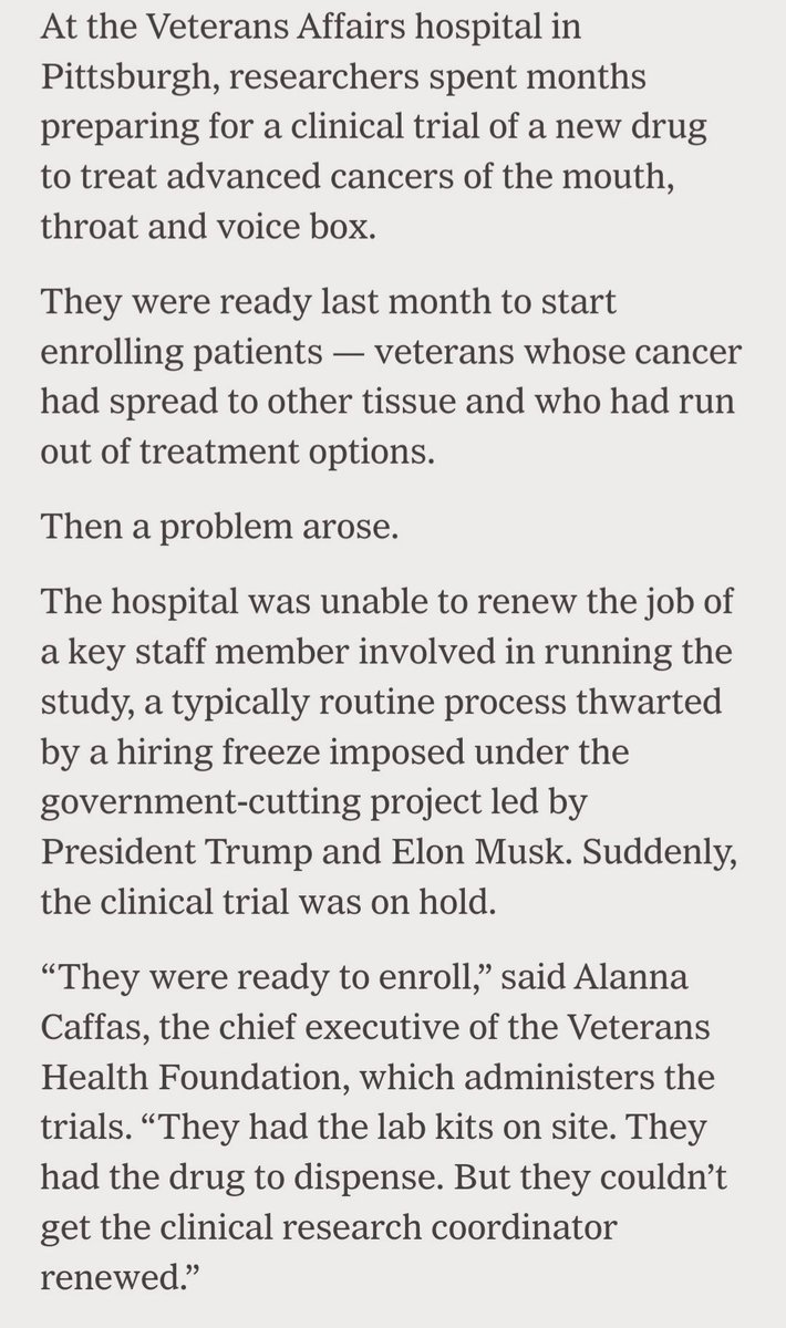 Imagine your dad, a veteran who has served our country

Has metastatic cancer

But there's hope

A potentially life saving clinical trial in the VA

Thankfully he's eligible, ready to enroll

But the trial is put on hold

Indefinitely

DOGE just blocked hiring the clinical staff