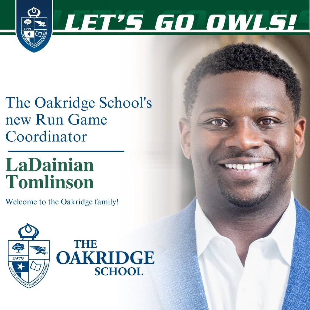 The Oakridge School (@oakridgeowls) on Twitter photo Hall of Famer and TCU legend LaDainian Tomlinson is joining The Oakridge School coaching staff as Run Game Coordinator and RB Coach. Welcome to the Owls family, LT! <a href="/LT_21/">LaDainian Tomlinson</a> #GoOwls #Welcome #Coach #OakridgeOwls #LT #FridayNightLights #ArlingtonTX Hall of Famer and TCU legend LaDainian Tomlinson is joining The Oakridge School coaching staff as Run Game Coordinator and RB Coach. Welcome to the Owls family, LT! <a href="/LT_21/">LaDainian Tomlinson</a> #GoOwls #Welcome #Coach #OakridgeOwls #LT #FridayNightLights #ArlingtonTX