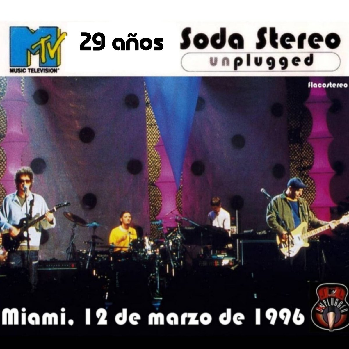El 12 de marzo de 1996 Soda Stereo graba su concierto (un)plugged para MTV en Miami

"No queríamos limitarnos a meter la canción eléctrica adentro de una caja acústica. Lo que salió es una mezcla de versión, contraversión" 

Gustavo Cerati
