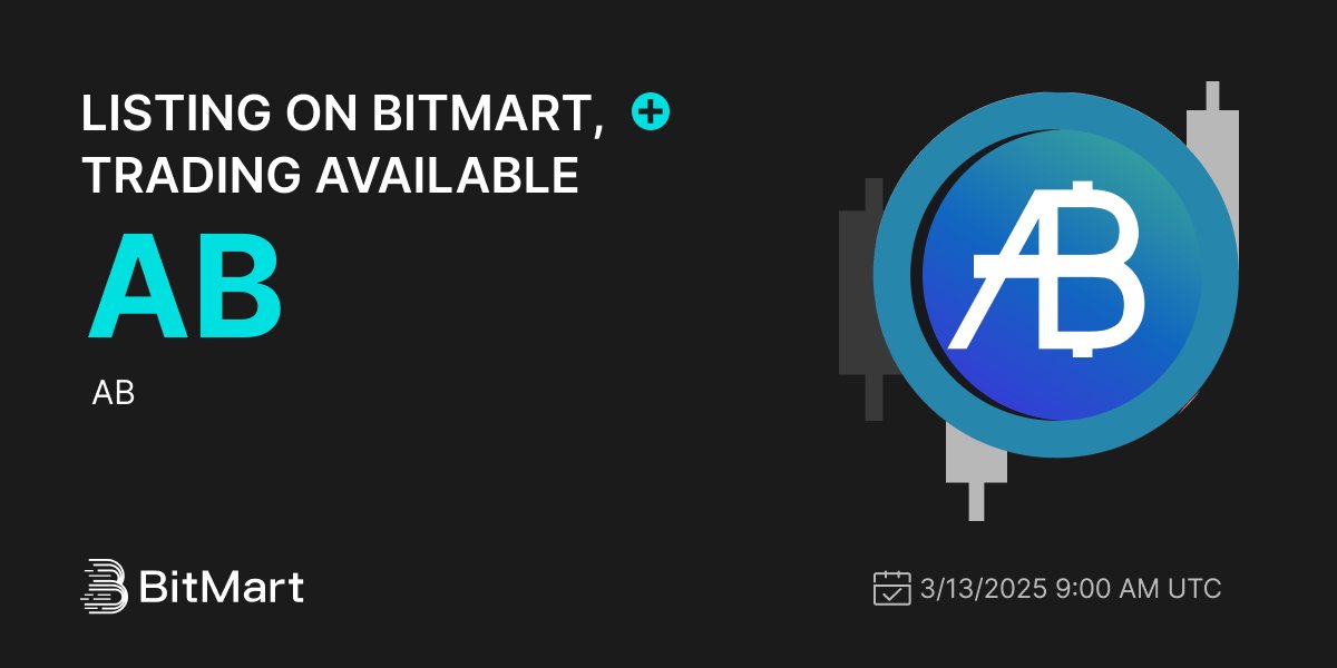 #BitMart will list AB (AB) <a href="/ABDAO_Global/">AB DAO</a> on our digital assets platform on March 13, 2025 🤩

💰Trading pair: AB/USDT
💎Deposit: 3/12/2025 9:00 AM UTC
💎Trading: 3/13/2025 9:00 AM UTC

Learn more: bitmart.zendesk.com/hc/en-us/artic…