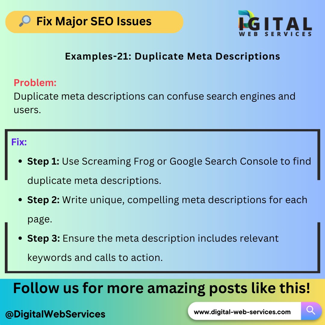 digitalwebservs's tweet image. #FixSEOIssues: Duplicate Meta Descriptions? Fix Them Now! 

digital-web-services.com/major-seo-issu…

▾▾▾▾
#SEO #MetaDescriptions #SEOTips #DigitalMarketing #SearchEngineOptimization #ContentMarketing #GoogleRanking #MarketingStrategy #WebsiteOptimization #OnPageSEO #SEOChecklist