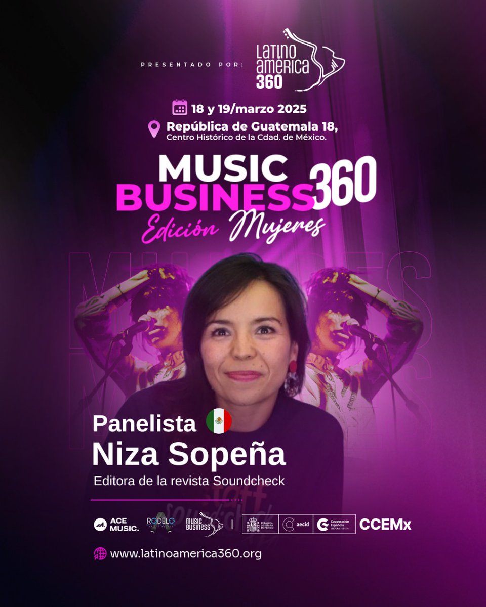 LaMusica360's tweet photo. ¡Music Business 360 – 1ª Edición Mujeres! 
Panel: La Nueva Era de la Mujer en la Música: ¿Estamos Listos para el Cambio?
Con Niza Sopeña, editora de Soundcheck y experta en la industria musical
🗓 19 de marzo | 📍 CCEMx | ⏰ 17:20 - 18:10
¡No te lo pierdas!
#MB360Mujeres https://t.co/qhQKngBG6P