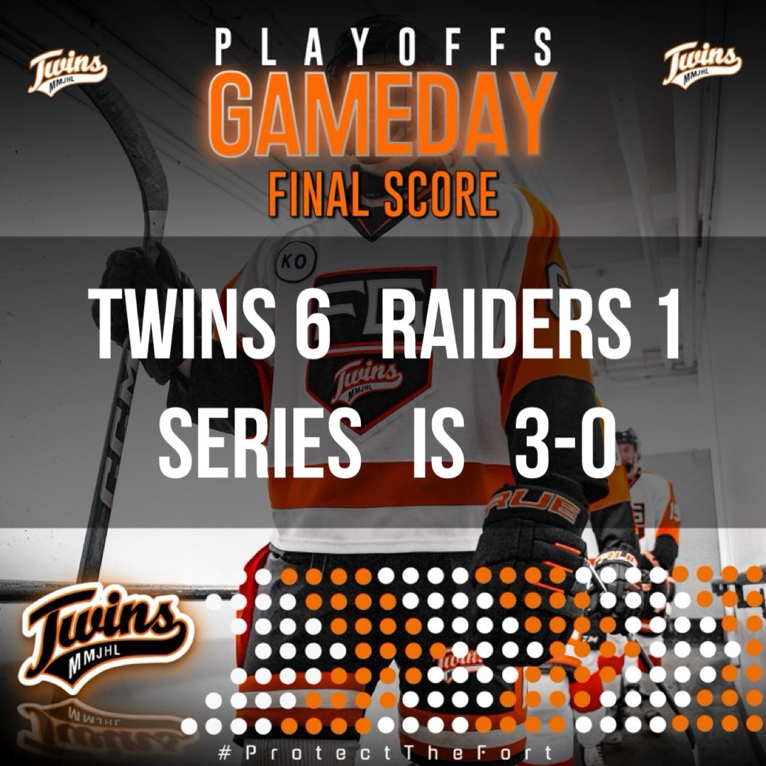 Twins take Game 3 with a score of 6-1 vs <a href="/Raiders_JHC/">RaidersJuniorHockey</a>. 

Series is 3-0!

Box score:
mmjhl.ca/box.php?game_i…