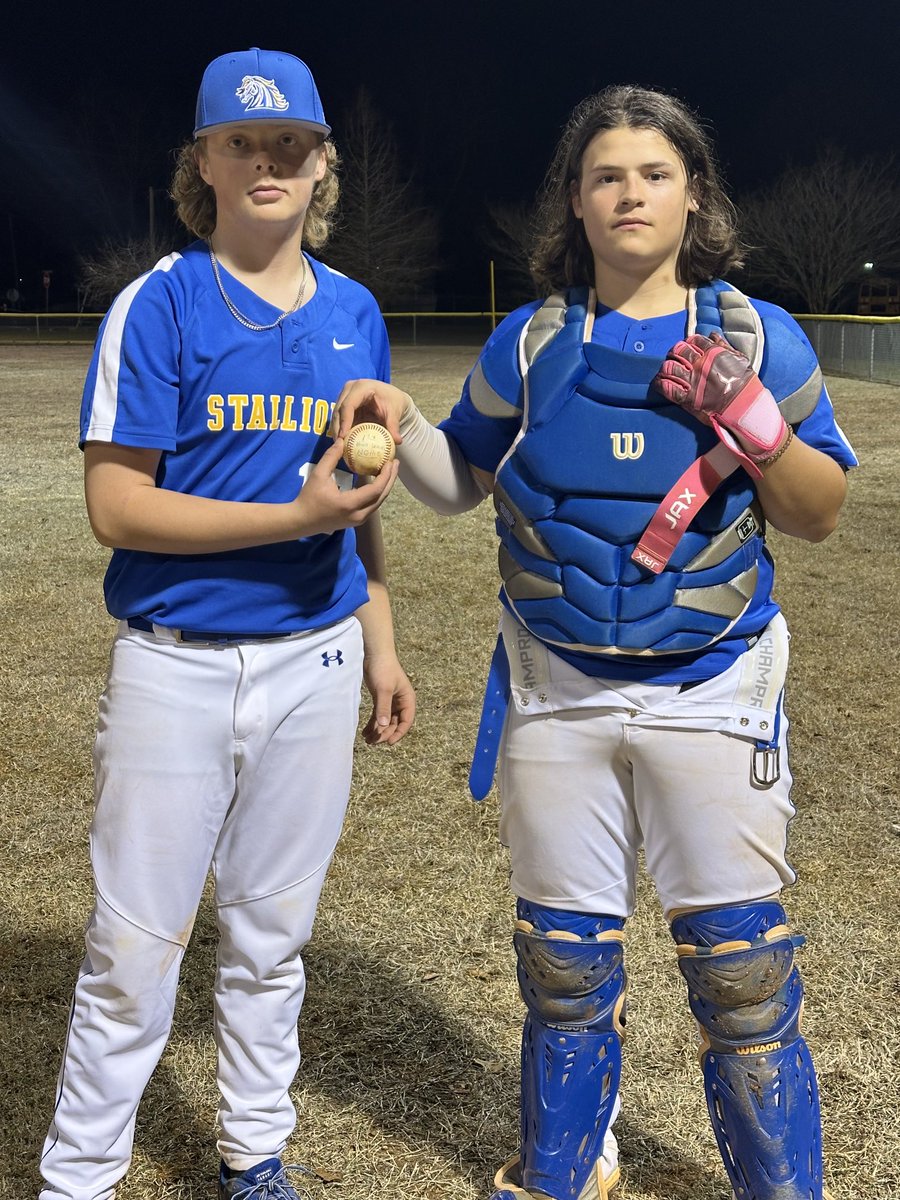 ⁦<a href="/brycegunter11/">Bryce Gunter</a>⁩ with battery mate ⁦<a href="/Caden_Downey5/">Caden Downey</a>⁩ after a 17-0 W and 12K, 5-inning NO NO to open Region action for ⁦<a href="/HCA_BSBL/">Horse Creek Academy Stallions Baseball</a>⁩.

Bryce got the W in style for his dad, Coach Gunter, who is officially 1-0 as a Varsity HC.

#mudita
#kaizen