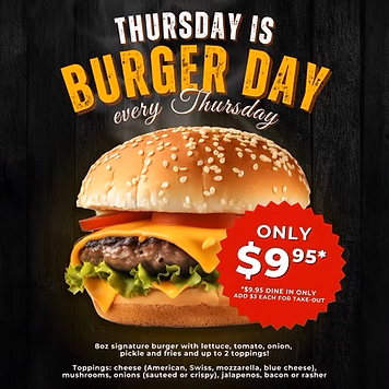 Thursday is Burger Day at Tommy Fox's!

It’s the best #burger deal in Bergen! On Thursdays from noon until midnight, get Tommy’s amazing 8 oz. signature burger with lettuce, tomato, onion, pickle, fries, and up to two toppings for only $9.95 dine in or $12.95 take out. #nj