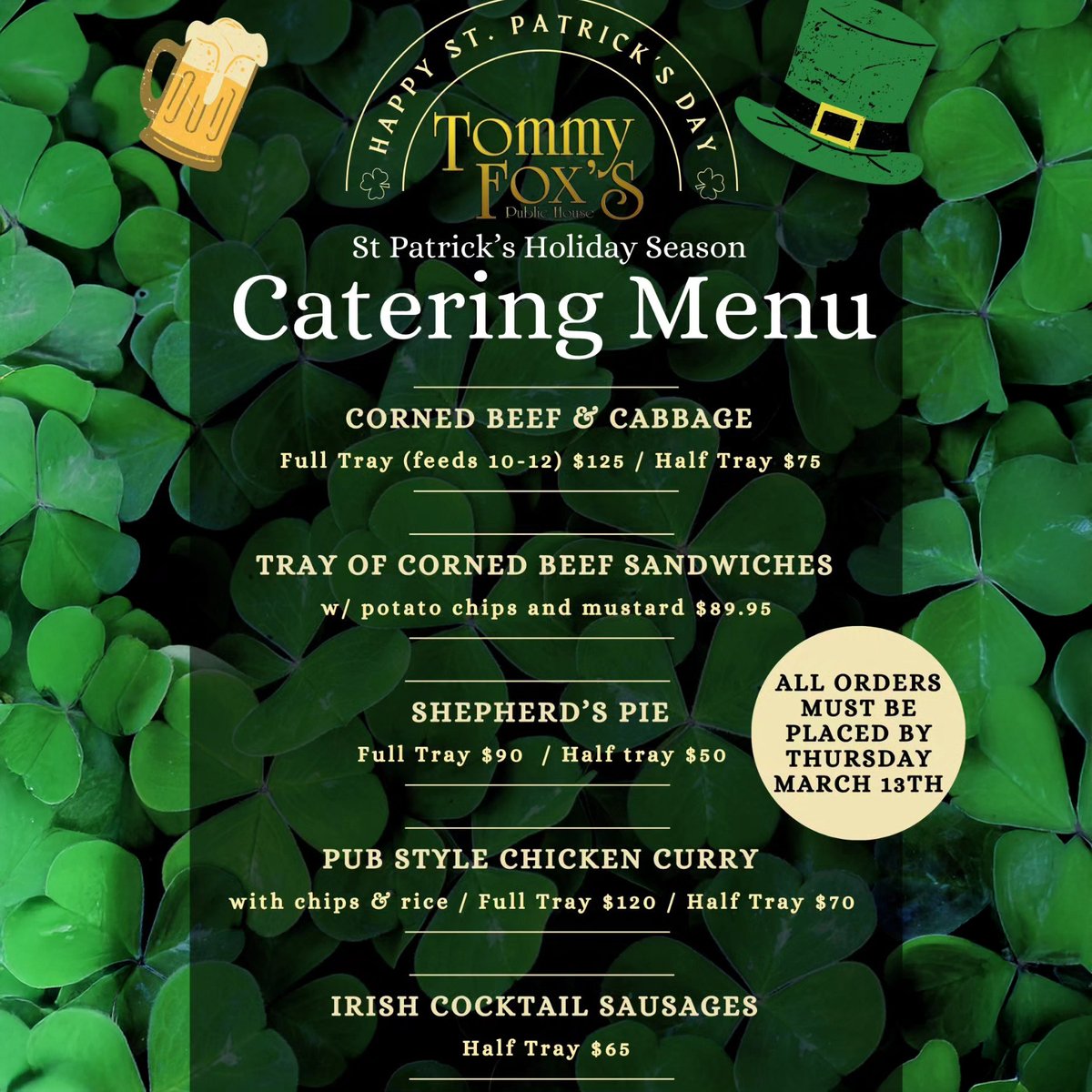 Last call for St. Patrick's #catering! Orders must be placed today. Call us at 201-384-0900.

We're offering all of the traditional #Irish favorites, including Corned Beef and Cabbage, Corned Beef Sandwiches, Shepherd's Pie, Pub Style Chicken Curry, and Irish Cocktail Sausages.
