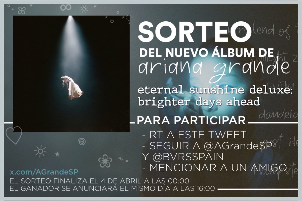 🩵SORTEAMOS UNA COPIA FÍSICA DEL CD DE ETERNAL SUNSHINE DELUXE🩵

🧸 Únicamente debéis cumplir estos requisitos.
🧸 Os recomendamos que estéis pendientes de lo que publicamos para novedades del sorteo.
🧸 En colaboración con <a href="/BVRSSPAIN/">Black Vinyl Records Spain (BVRS)</a>.