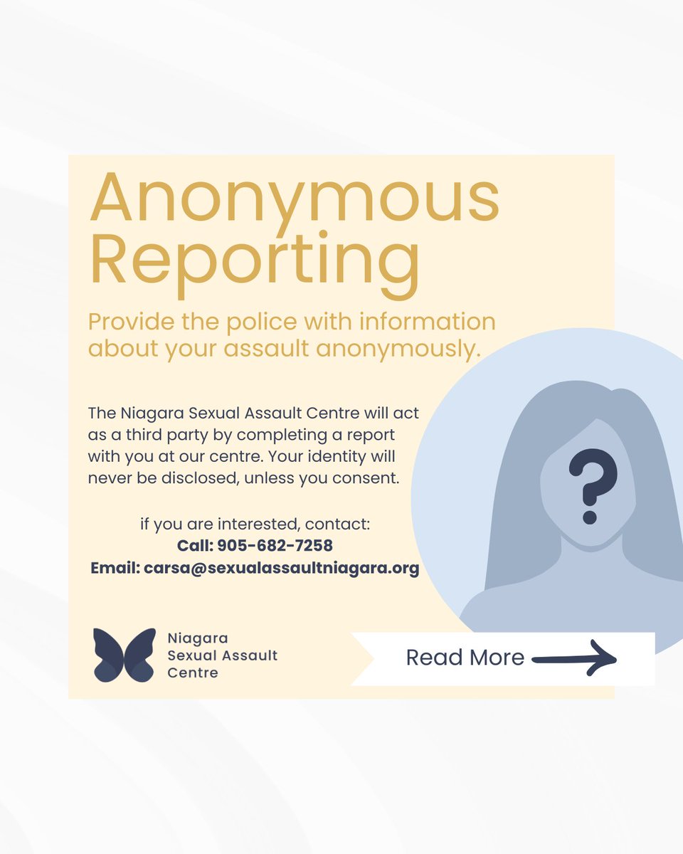 NIAGARA_SAC's tweet image. With Anonymous Third Party Reporting, survivors (16+) can share their experience with police confidentially. Your identity stays private, and the info helps identify repeat offenders.

📞 905-682-7258 | 📧 carsa@sexualassaultniagara.org

#AnonymousReporting #EndViolence