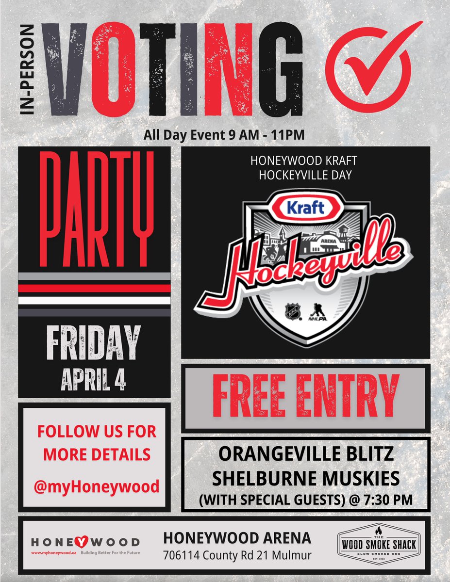 MulmurTownship's tweet image. MARK YOUR CALENDAR for the IN PERSON VOTING PARTY! Join us  at the Honeywood Arena April 4th from 9am-11pm. Free admission and activities for the whole family! Stay tuned for more details. Want to host your own voting party? Contact us for tips and tricks! myhoneywood@mulmur.ca