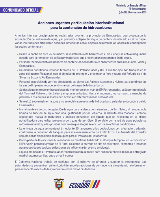 ElEspartanoEc's tweet image. 🎤#ATENCIÓN l Debido a las precipitaciones registradas en Esmeraldas, que provocaron la acumulación de agua y el posterior colapso del #dique de contención ubicado en el río #Caple, el Ministerio de @RecNaturalesEC , junto a otras instituciones del #Estado, ejecuta labores de