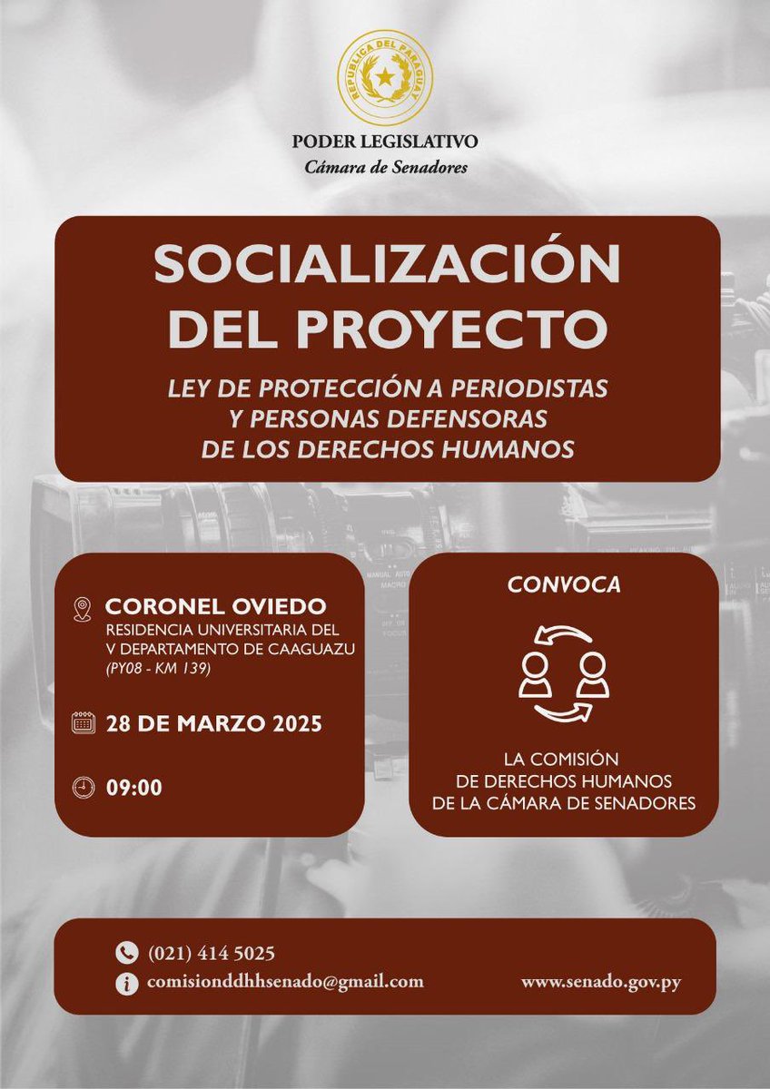 La Comisión de Derechos Humanos del Senado invita a la socialización del proyecto de ley “De protección a periodistas y personas defensoras de DDHH” a realizarse en la ciudad de Coronel Oviedo, el viernes 28 de marzo de 2025 a las 9 Hs., en sede de la Residencia Universitaria.