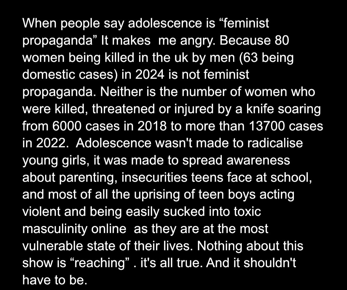 After watching Adolescence with her parents, an S2 pupil asked to share her thoughts with me today. I wasn’t prepared for the power of her writing.

“Nothing about this show is ‘reaching.’ It's all true. And it shouldn’t have to be.”

Never underestimate the power of young minds.