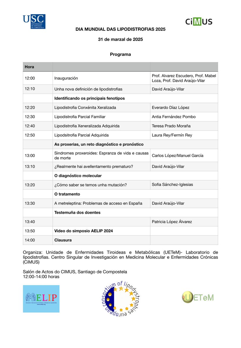 Evento por el Día Mundial de las Lipodistrofias: 
31 de marzo 2025, 12h, en el salón de actos del <a href="/cimususc/">CiMUS</a>