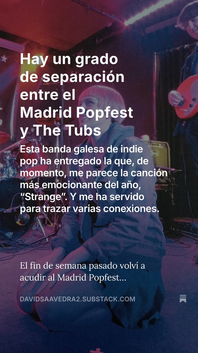 La línea de puntos que va de <a href="/JOANNAGRUESOME/">joanna gruesome</a>  a #TheTubs me lleva a reivindicar, una vez más, el <a href="/madridpopfest/">Madrid Popfest</a>. Nuevo post aquí: davidsaavedra2.substack.com/p/hay-un-grado…
