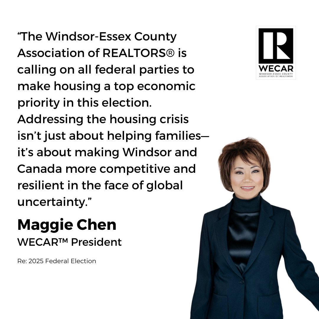 As the 2025 federal election begins, Windsor-Essex faces economic uncertainty. Housing is economic security—and we need bold action now. @WECAR_REALTORS is calling on all parties to: 1. Cut taxes on new homes 2. Slash red tape 3. Support housing innovation #cdnpoli #WindsorEssex