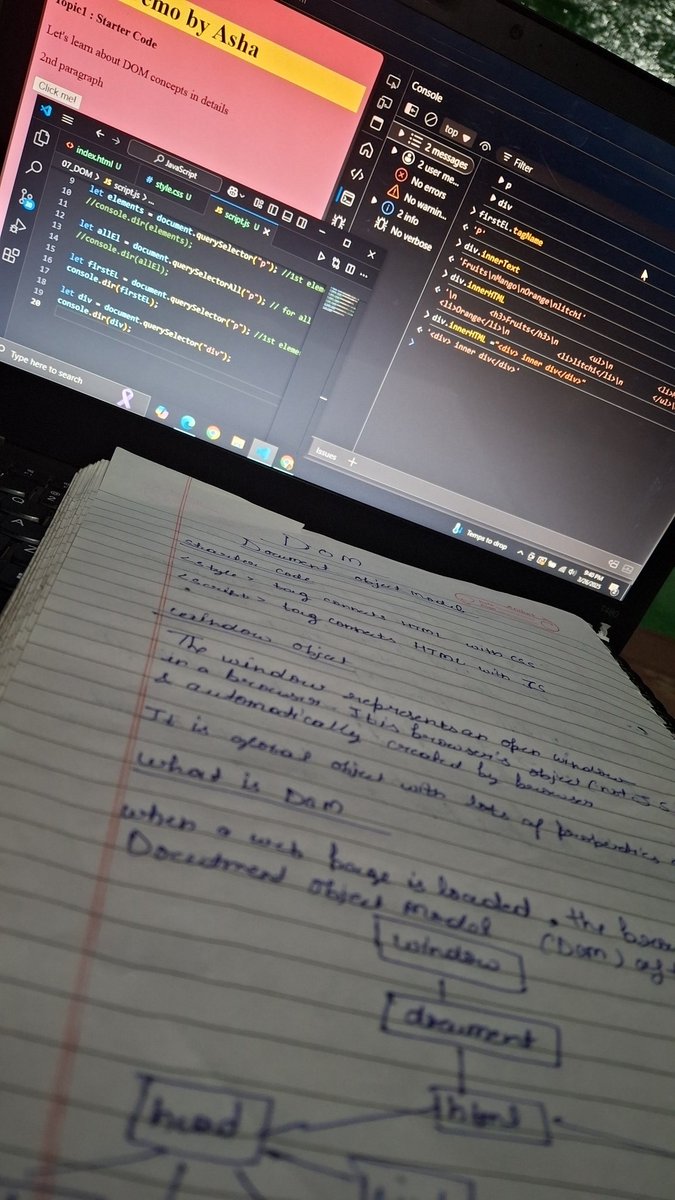 Asha_bakshi_'s tweet image. 🚀Day 1 of #30DaysCodingChallenge

Started JavaScript DOM today!
■ Accessing elements: class, tag,
querySelector
■Properties: tagName, inner Text,
innerHTML, textContent
■Practiced some questions

Staying consistent and excited for the journey ahead! 
#JavaScript  #connect