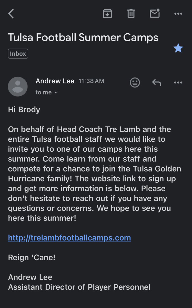 Thank you <a href="/AndrewLee_CFB/">Andrew Lee</a> <a href="/CoachTreLamb9/">Tre Lamb</a> and all the <a href="/TulsaFootball/">Tulsa Football</a> Staff for the invite to the Tre Lamb football camp this summer! #reigncane 

<a href="/BallingerJags/">Coach Ballinger (NOAH)</a> 
<a href="/SmokeyHurst/">Smokey Hurst</a> 
<a href="/4activeboys/">Coach David Piche</a> 
<a href="/itsdanielokoye/">Danny "🅿️hantom" Okoye</a> 
<a href="/KadenPiche/">Kaden Piché</a> 
<a href="/CompFit2017/">Comprehensive Fitness</a> 
<a href="/AndrewLee_CFB/">Andrew Lee</a> 
<a href="/CoachTreLamb9/">Tre Lamb</a>