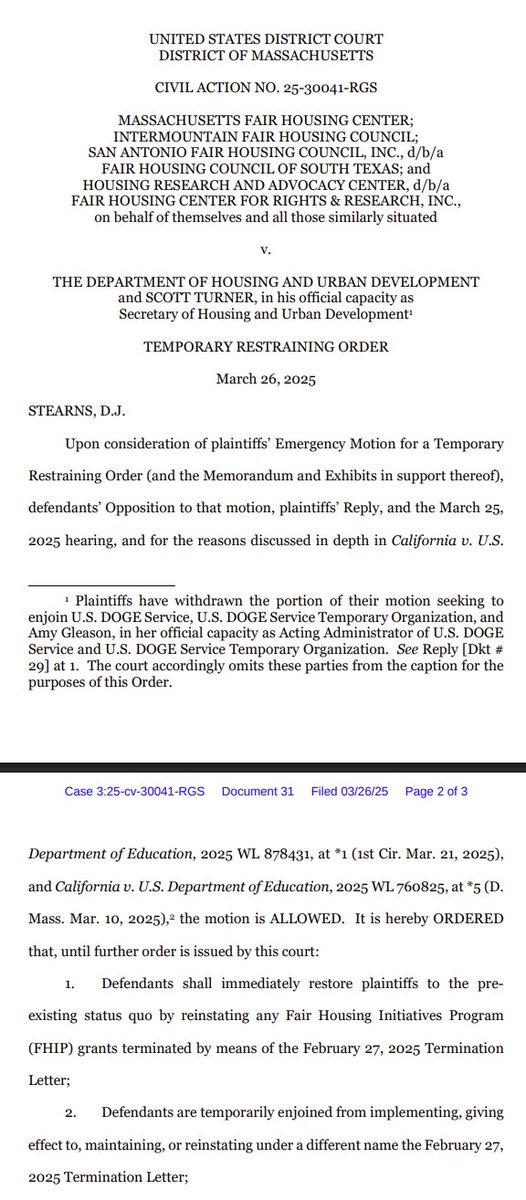 FairFinanceWatch.org (@financewatchorg) on Twitter photo Meanwhile, Judge Richard G. Stearns of the U.S. District Court in the District of Massachusetts just granted a temporary injunction stopping the termination of 78 federal fair housing grants to fight housing discrimination. #JustEconomy Meanwhile, Judge Richard G. Stearns of the U.S. District Court in the District of Massachusetts just granted a temporary injunction stopping the termination of 78 federal fair housing grants to fight housing discrimination. #JustEconomy