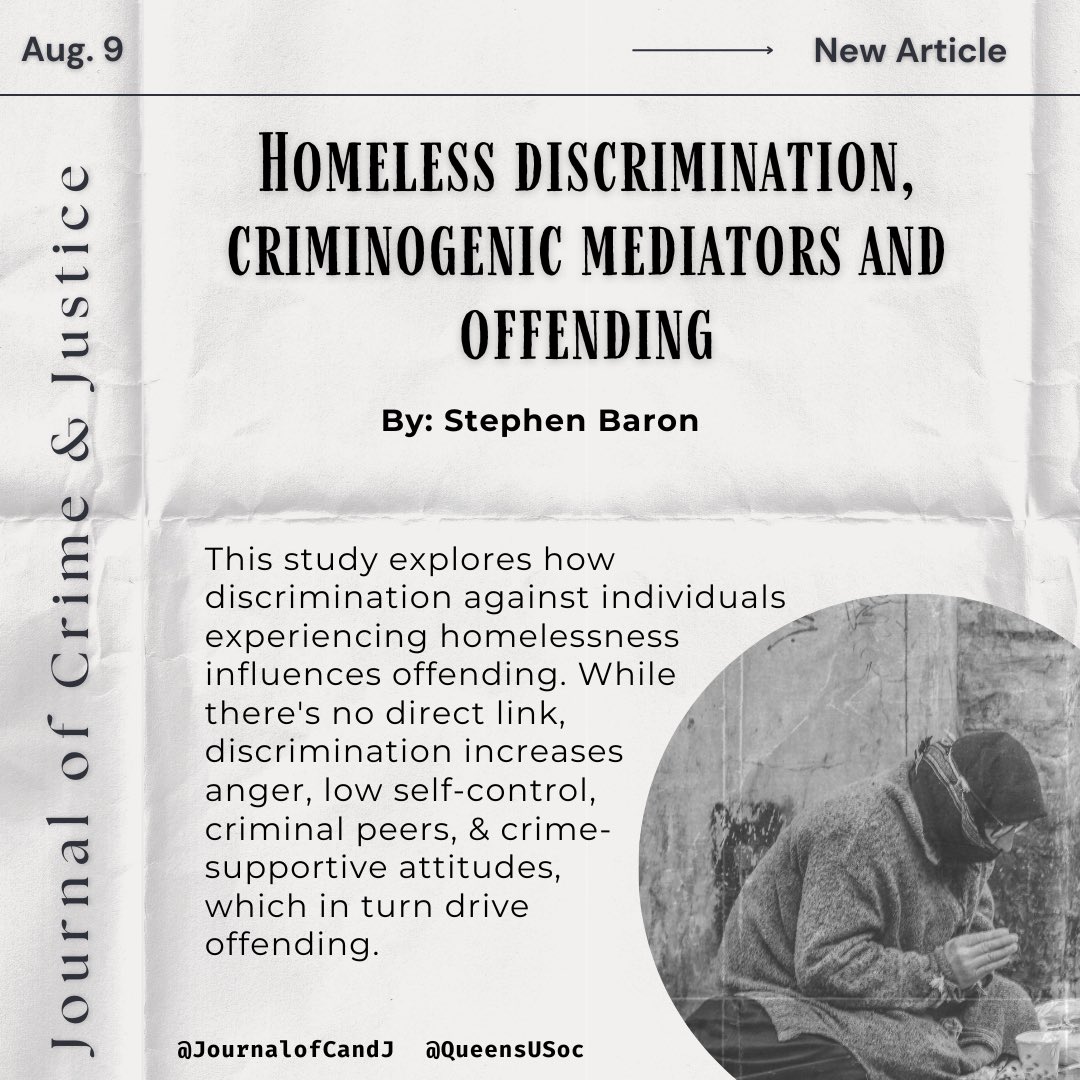 Check out this new study by Stephen Baron that explores discrimination against individual experiencing homelessness.

Read the full article at the Journal of Crime and Justice: shorturl.at/lyNwm