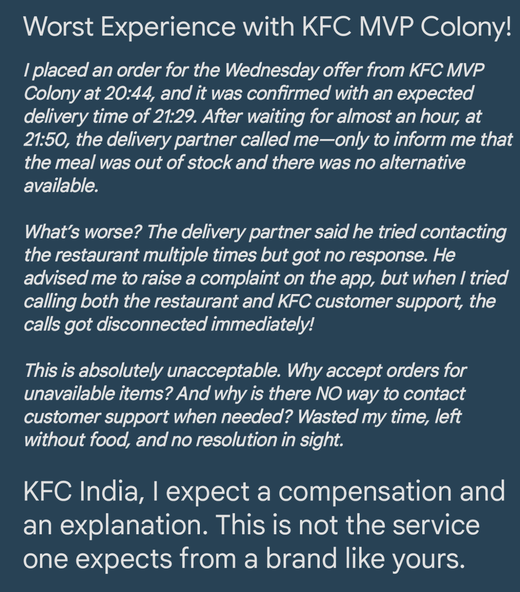 nm_sai7779's tweet photo. Worst Experience with KFC MVP Colony!

#KFCINDIA #KFC #CustomerServiceFail #Disappointed https://t.co/WJ5f2LSZa9